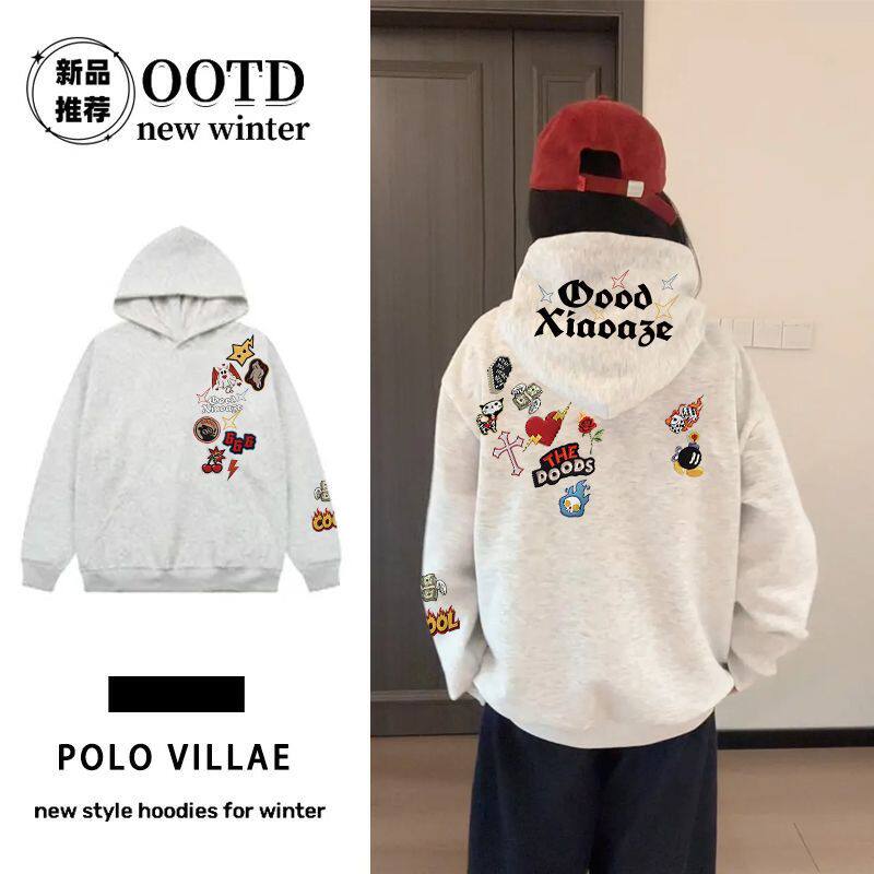 花灰色秋冬潮牌设计感印花纯棉连帽卫衣男女情侣韩版加绒加厚帽衫