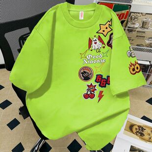 夏季纯棉不起球潮牌荧光绿印花短袖T恤男女情侣宽松学生上衣半袖