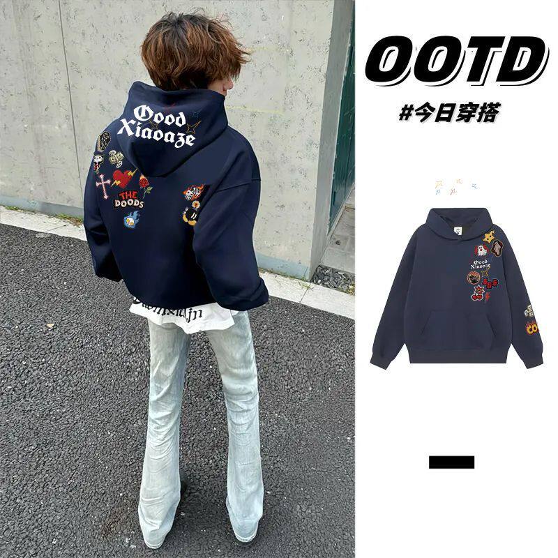 藏青色秋冬潮牌设计感印花纯棉连帽卫衣男女情侣韩版加绒加厚帽衫