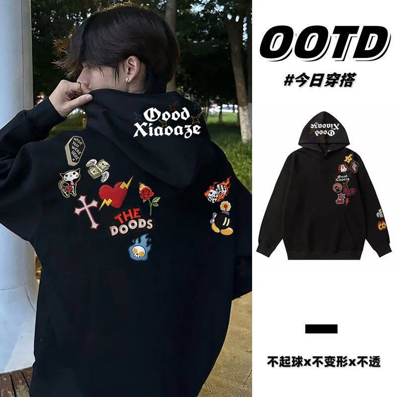 秋冬季美式潮牌设计感印花纯棉连帽卫衣男女情侣韩版加绒加厚帽衫