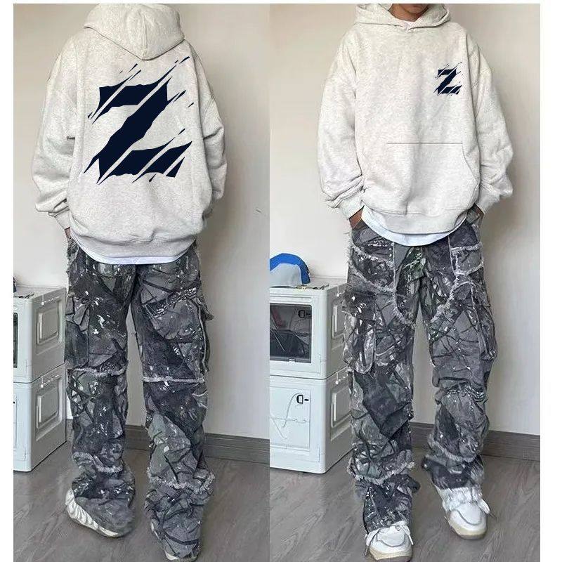 花灰色秋冬男女韩版情侣款加厚帽衫百搭潮牌印花加绒纯棉连帽卫衣