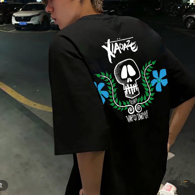 美式复古骷髅印花纯棉重磅短袖t恤ins男女夏季欧美街头风潮牌上衣