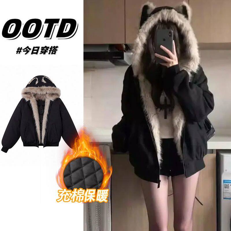 冬季时尚高级感兔耳朵座山雕棉服男女款黑色加厚保暖毛领棉衣外套