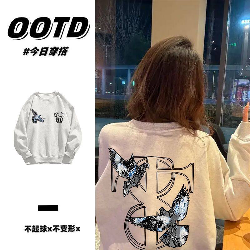 花灰色秋冬原宿风加厚加绒圆领卫衣男女情侣日系印花纯棉无帽上衣