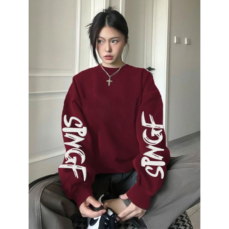 酒红色美式复古手臂字母圆领卫衣加绒加厚男女秋冬款无帽印花上衣