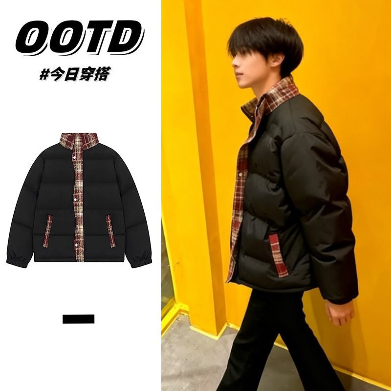 韩版复古格子拼接棉衣棉服男女款冬季加厚保暖立领面包服棉袄外套