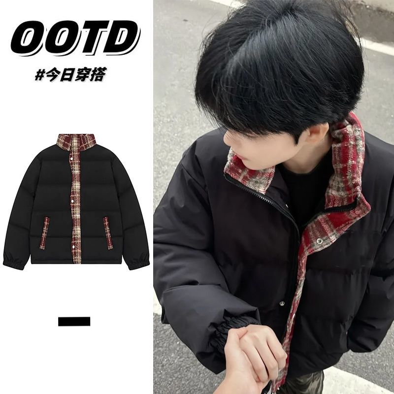韩版复古格子拼接棉衣棉服男女款冬季加厚保暖立领面包服棉袄外套
