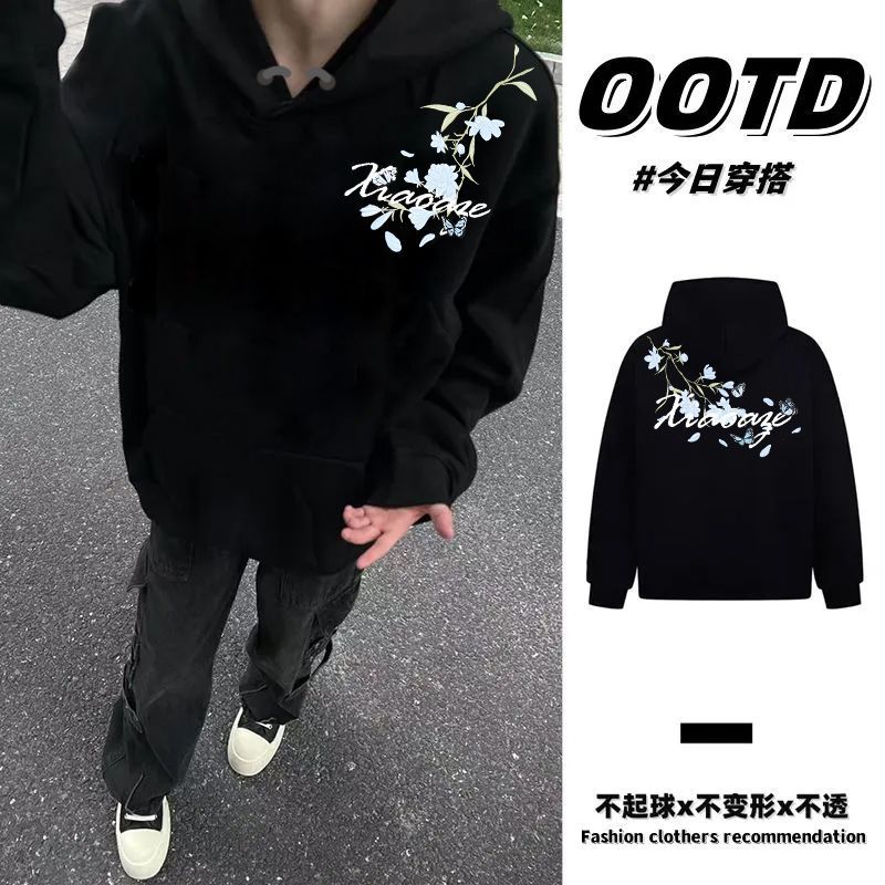 潮牌秋冬季加绒加厚情侣款帽衫美式街头男女花卉字母印花连帽卫衣
