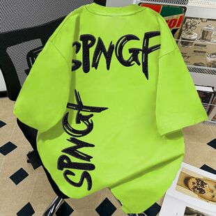 纯棉美式嘻哈字母印花短袖T恤男女夏季情侣ins潮流荧光绿重磅上衣