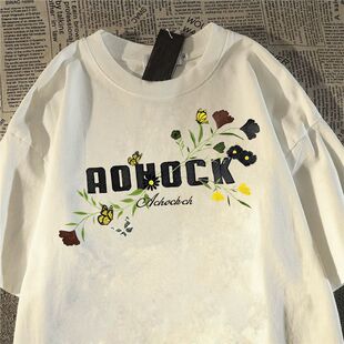 美式潮牌oversize印花字母纯棉短袖t恤夏季男女高街帅气白色上衣