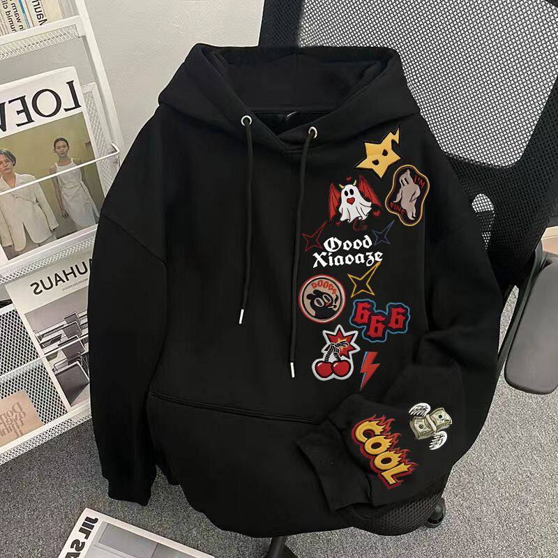 秋冬季美式潮牌设计感印花纯棉连帽卫衣男女情侣韩版加绒加厚帽衫