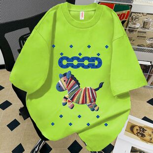 美式潮牌重磅纯棉荧光绿短袖t恤男女同款夏季ins字母印花半袖上衣