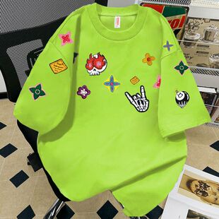 美式高街纯棉短袖T恤男女款夏季新款荧光绿拼接潮流半袖时尚上衣