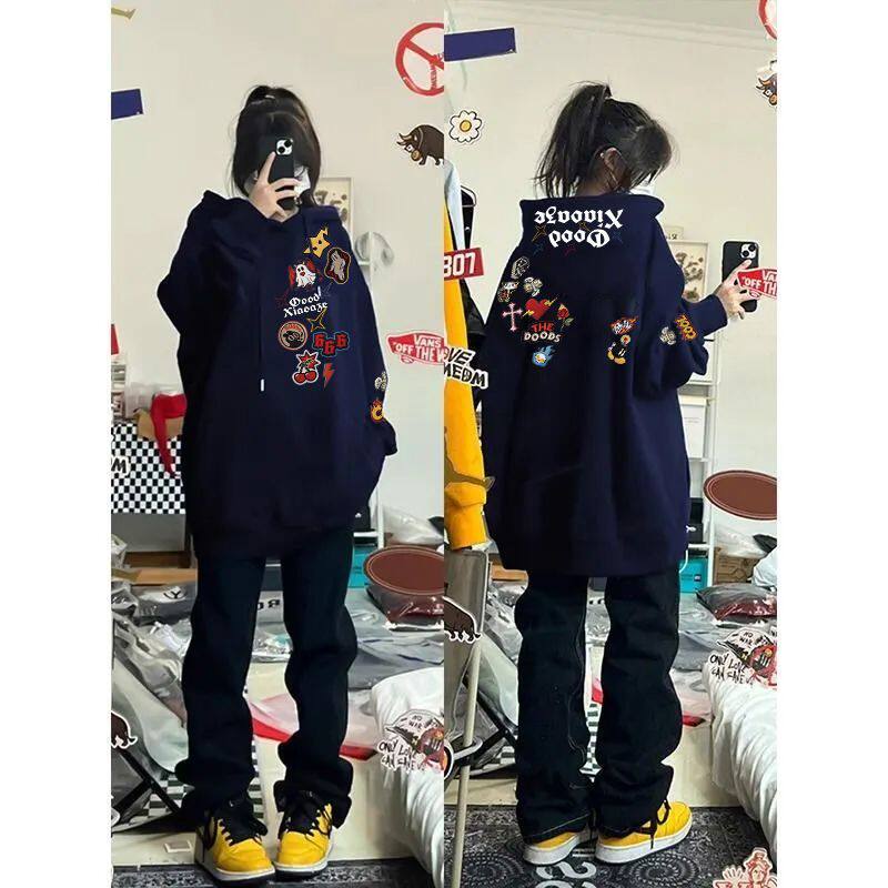 藏青色秋冬潮牌设计感印花纯棉连帽卫衣男女情侣韩版加绒加厚帽衫