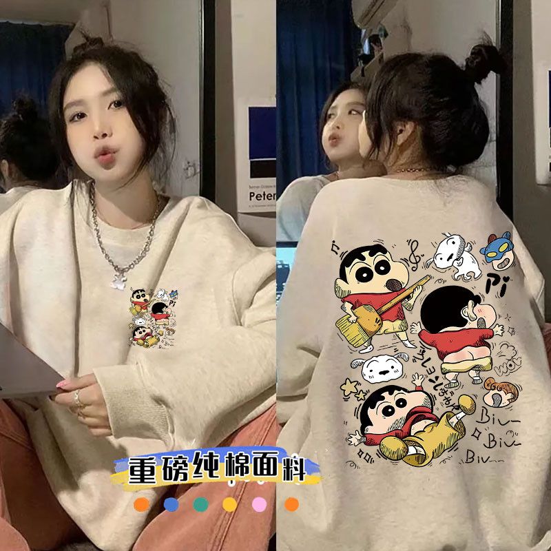 花灰色韩版卡通印花男女圆领卫衣潮流高街ins秋冬季加绒加厚上衣