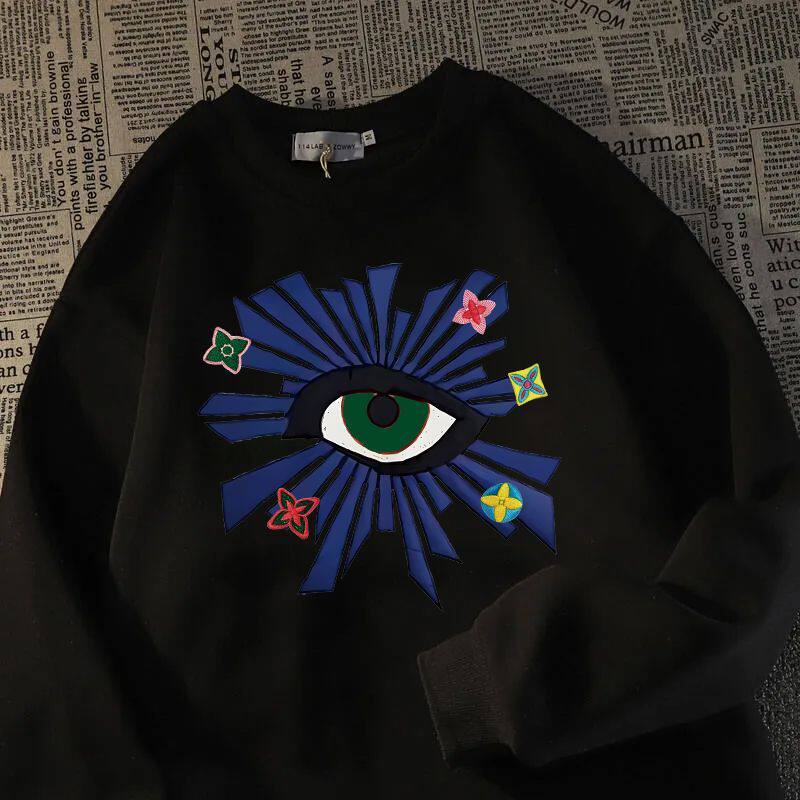 秋冬季新款加绒加厚无帽圆领卫衣男女潮流美式印花宽松情侣款上衣