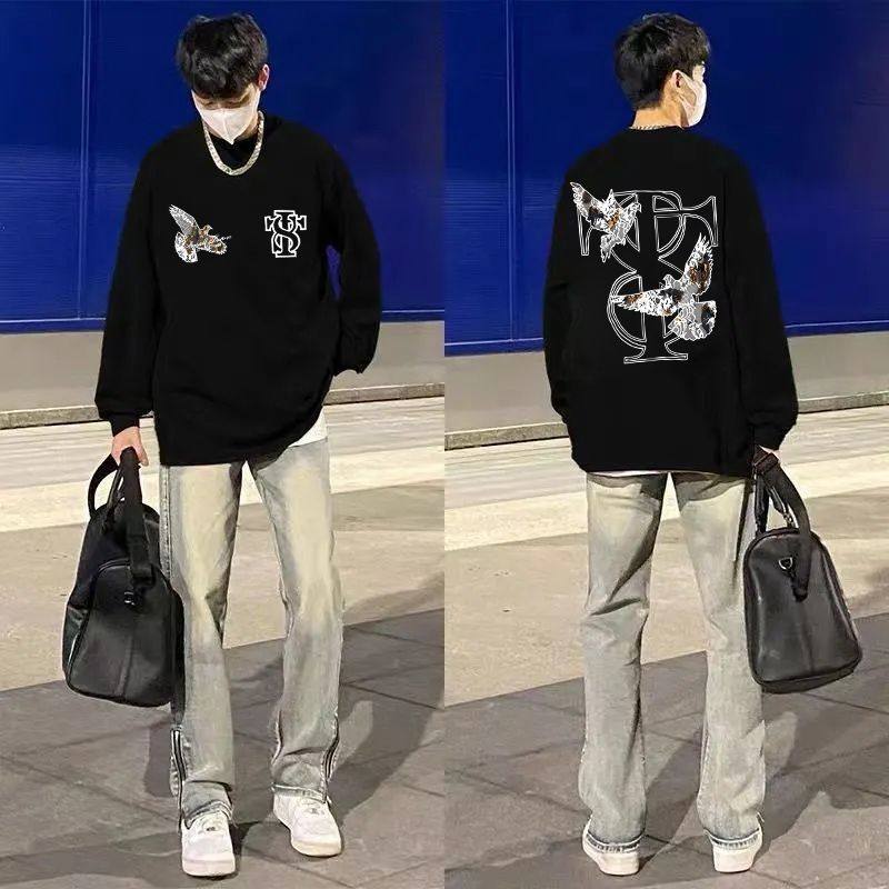 秋冬原宿风加厚加绒宽松圆领卫衣男女情侣款日系印花纯棉无帽上衣