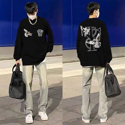 秋冬原宿风加厚加绒宽松圆领卫衣男女情侣款日系印花纯棉无帽上衣