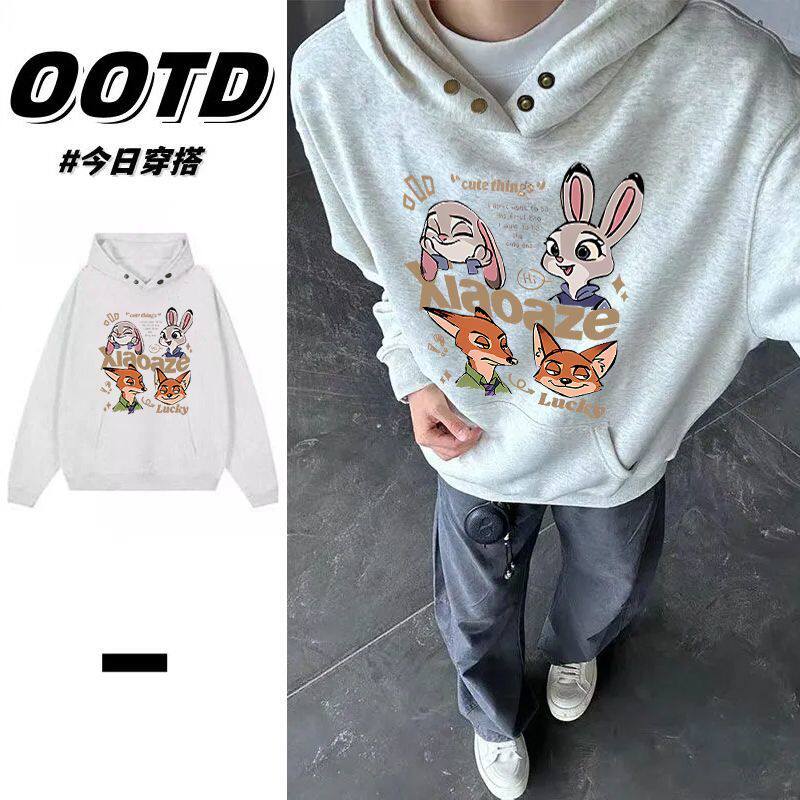 美式复古卡通印花帽衫男女秋冬季学生潮流加绒加厚纽扣款连帽卫衣