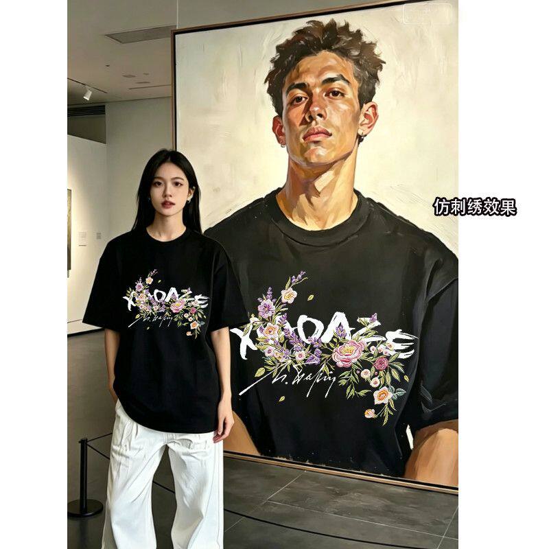 仿刺绣花卉印花纯棉T恤复古学院百搭短袖夏季ins美式超火宽松上衣