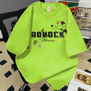 美式潮牌印花字母短袖t恤夏季荧光绿男女款高街帅气纯棉宽松上衣