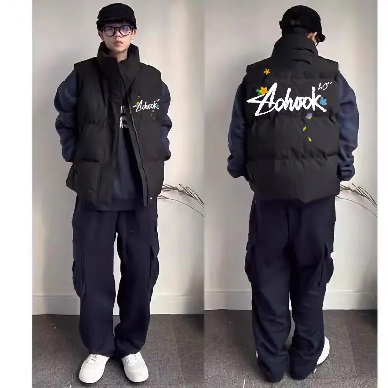 ins秋冬无袖坎肩男女叠穿加厚棉衣马甲韩版潮流印花情侣百搭外套