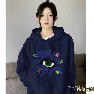 藏青色美式复古男女印花连帽卫衣秋冬季加绒加厚痞帅宽松情侣帽衫