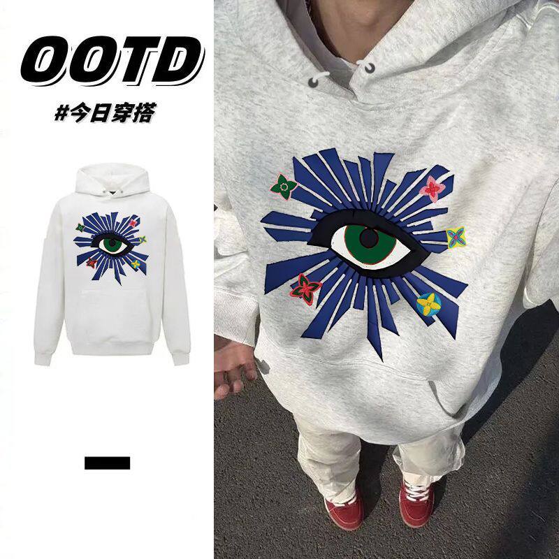 花灰色美式复古男女印花连帽卫衣秋冬季加绒加厚痞帅宽松情侣帽衫