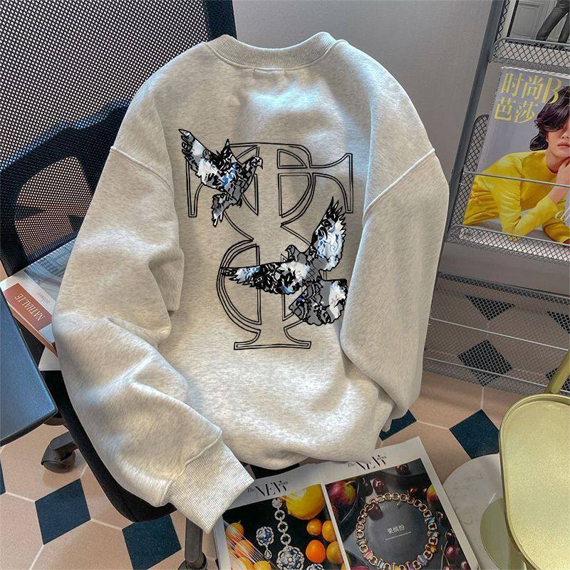 花灰色秋冬原宿风加厚加绒圆领卫衣男女情侣日系印花纯棉无帽上衣