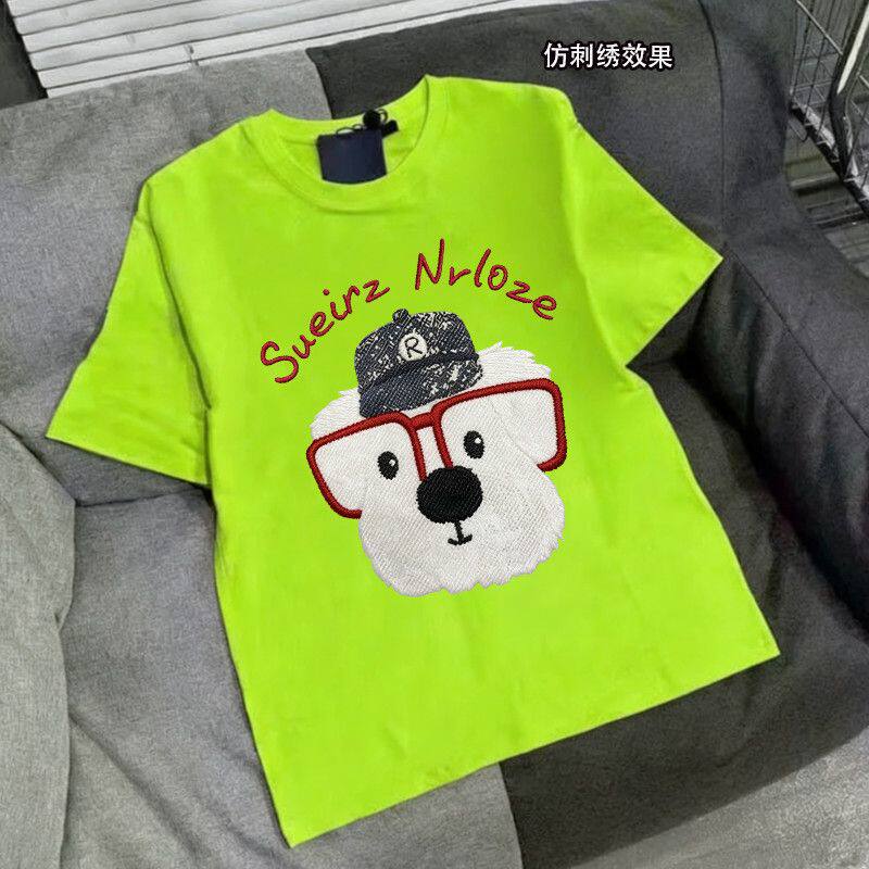 仿刺绣印花纯棉美式趣味眼镜小狗夏季短袖T恤男女荧光绿宽松上衣