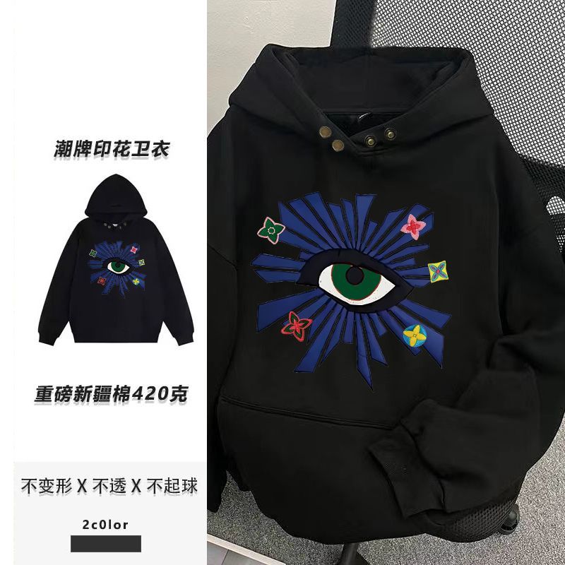 美式复古男女印花帽衫秋冬季加绒加厚痞帅宽松情侣纽扣款连帽卫衣