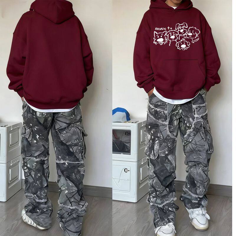 酒红色美式卡通小狗印花连帽卫衣秋冬男女加厚加绒慵懒风情侣帽衫