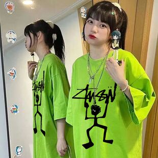 荧光绿美式纯棉印花夏季卡通人物短袖t恤情侣男女半袖高街上衣ins