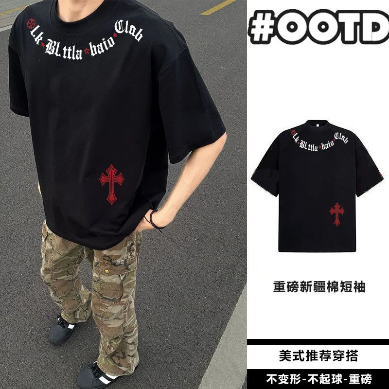 黑色重磅纯棉美式短袖T恤男女小众设计感个性字母青少年半袖t上衣