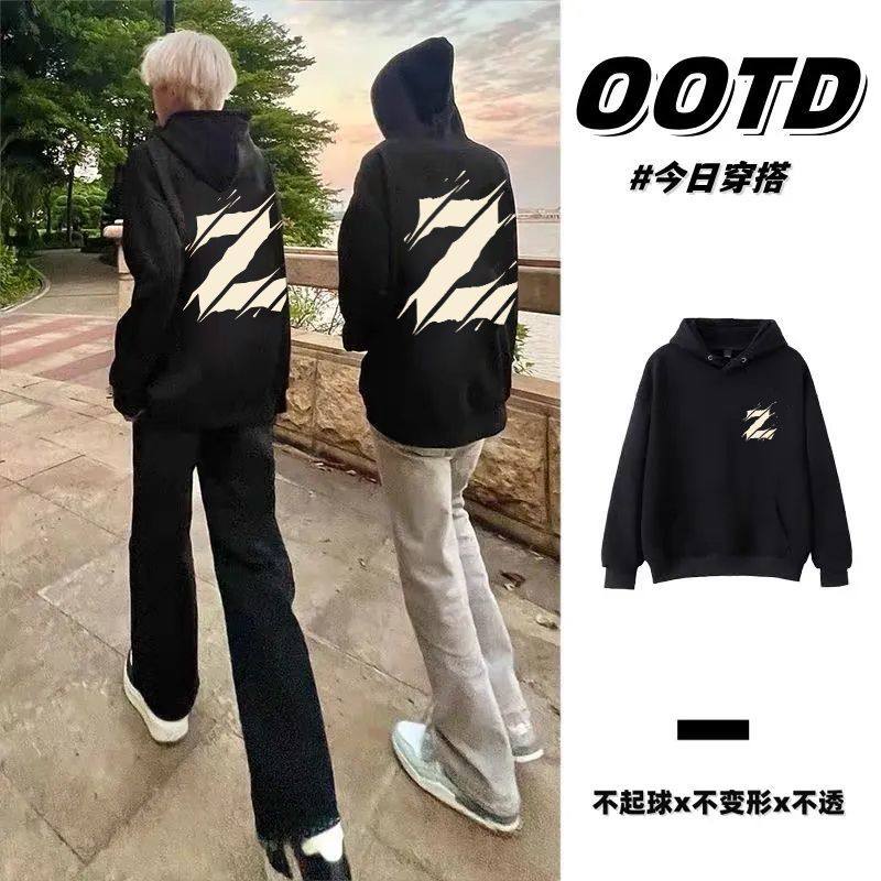 秋冬ins男女韩版潮流情侣加厚帽衫百搭潮牌印花加绒纯棉连帽卫衣