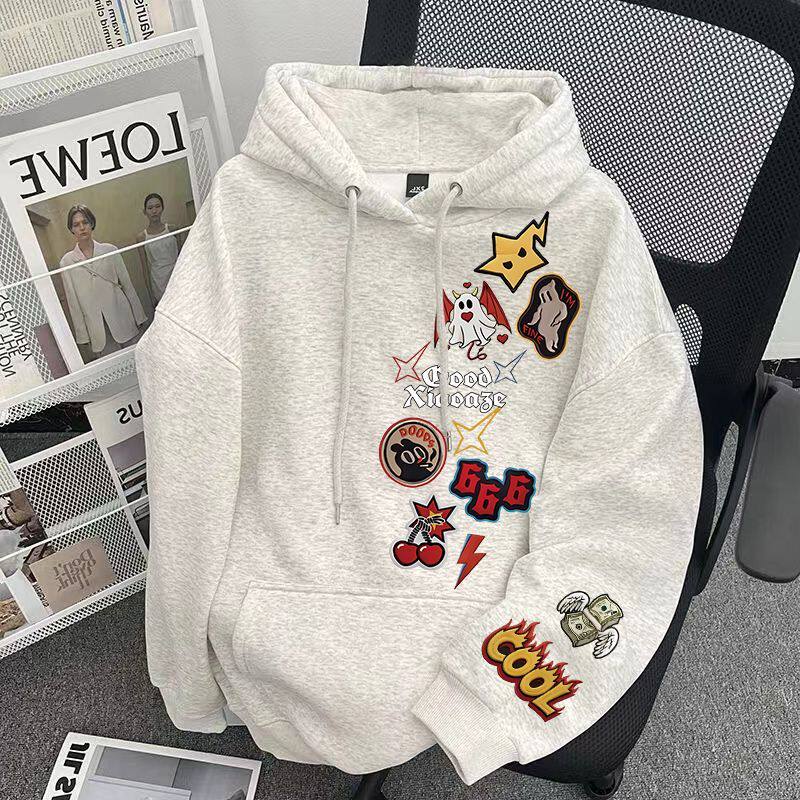 花灰色秋冬潮牌设计感印花纯棉连帽卫衣男女情侣韩版加绒加厚帽衫