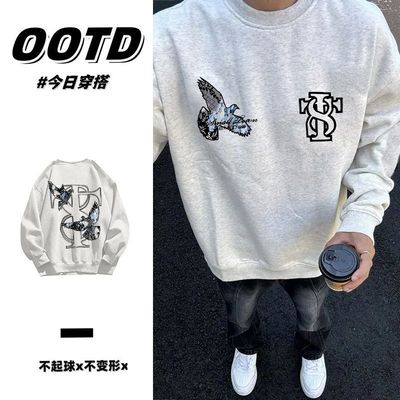 花灰色秋冬原宿风加厚加绒圆领卫衣男女情侣日系印花纯棉无帽上衣