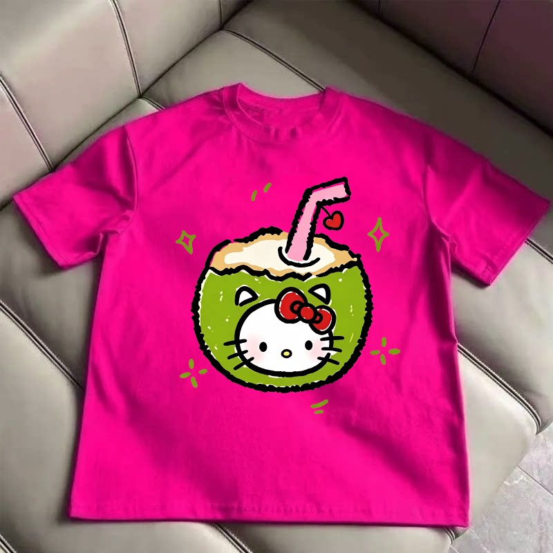 韩版复古卡通创意椰子猫印花短袖t恤男女夏季宽松玫红色半袖上衣