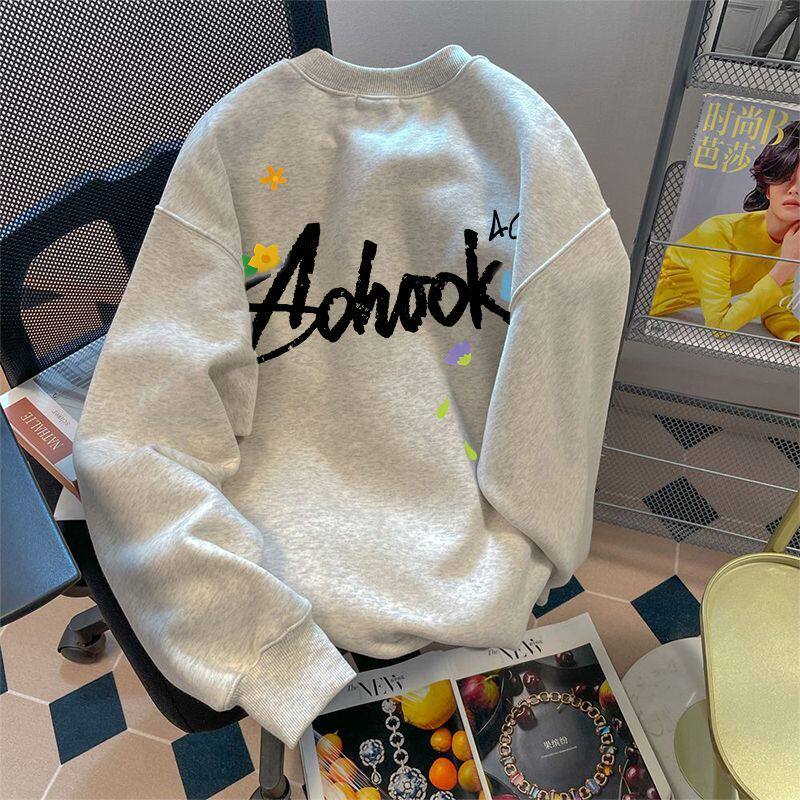 花灰色美式街头潮流上衣男女ins秋冬宽松慵懒风加厚加绒圆领卫衣