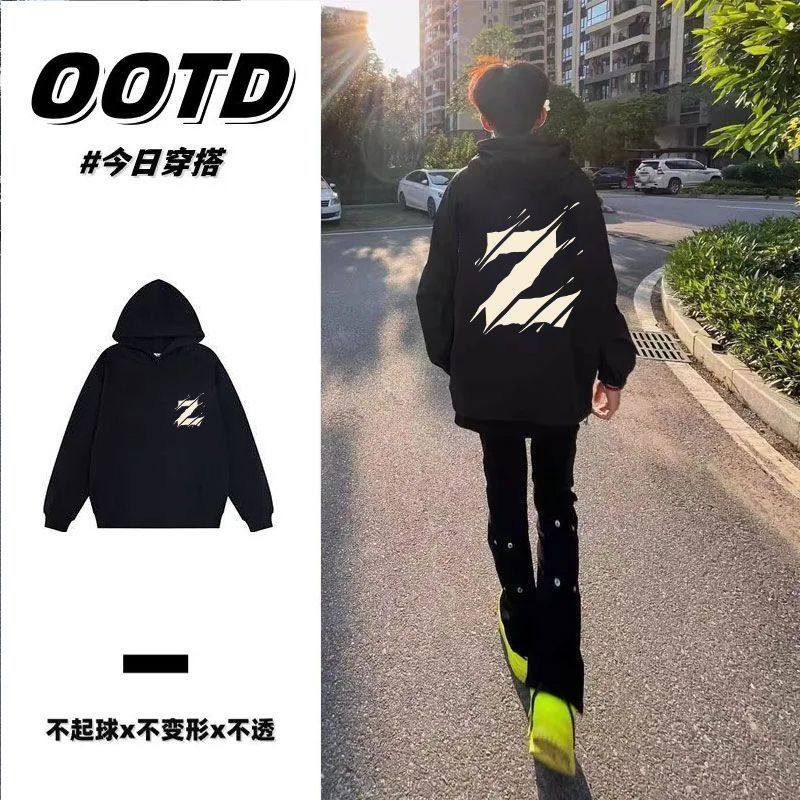 秋冬ins男女韩版潮流情侣加厚帽衫百搭潮牌印花加绒纯棉连帽卫衣