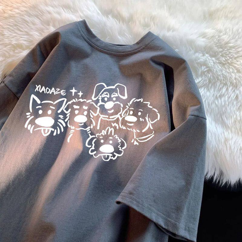 港风可爱手绘印花小狗t恤情侣夏季ins百搭男女纯棉上衣深灰色短袖