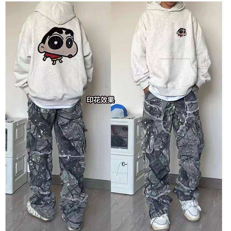 花灰色秋冬ins卡通印花加厚加绒情侣连帽卫衣男女原宿风纯棉帽衫