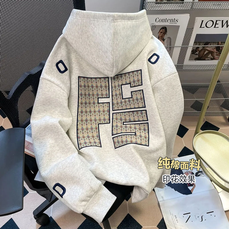 纯棉450G重磅国潮牌连帽卫衣女秋冬印花学院风宽松上衣情侣款帽衫