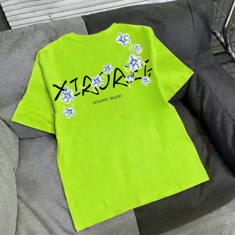 美式高街花卉印花纯棉短袖T恤夏季潮牌男女情侣款宽松荧光绿上衣