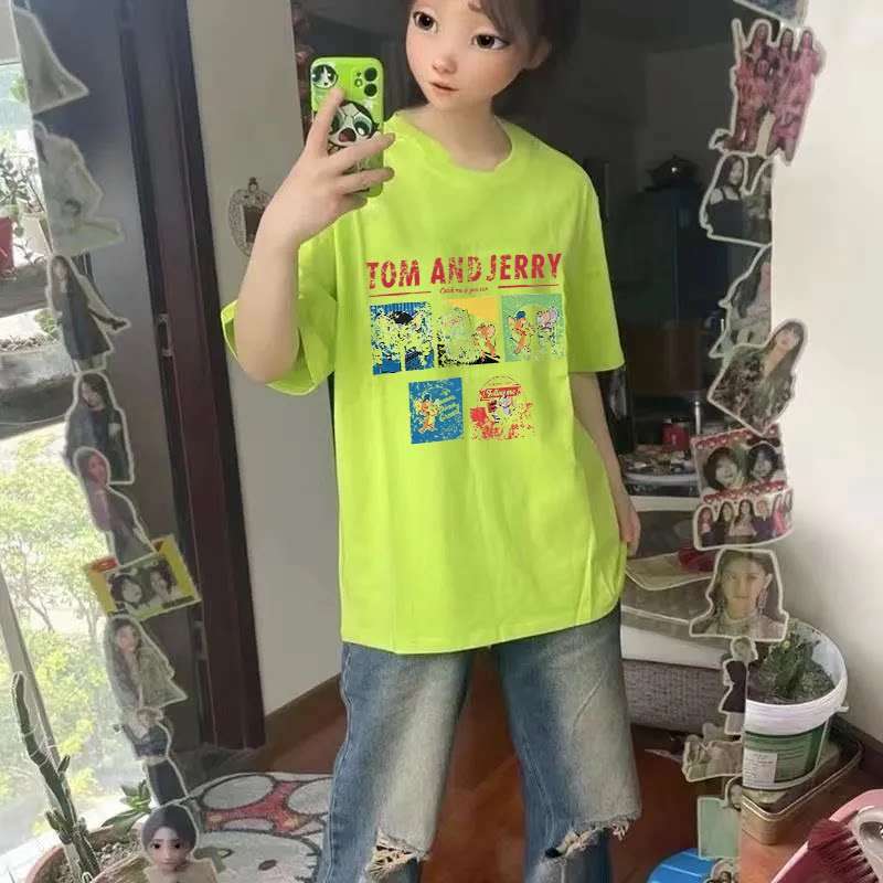 纯棉美式卡通印花短袖上衣夏季男女新款荧光绿潮流ins百搭宽松T恤