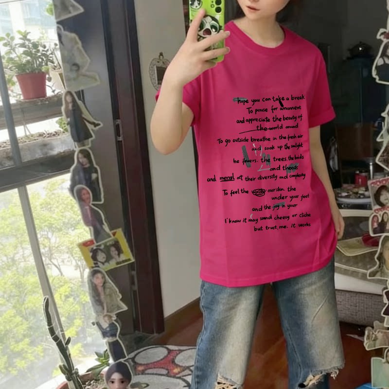纯棉美式街头短袖夏季男女oversize字母印花T恤潮流玫红色上衣ins