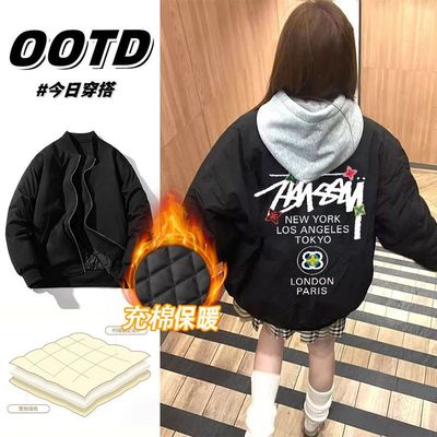 美式复古飞行员夹克外套男女秋冬款宽松加厚痞帅高级感印花棒球服