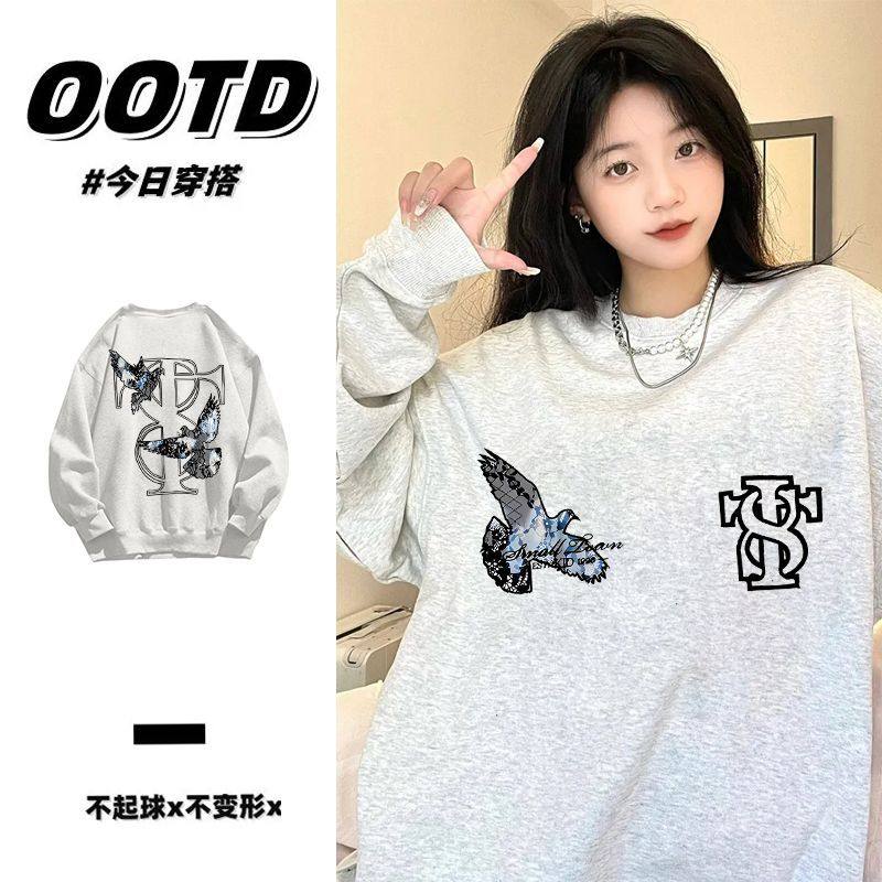 花灰色秋冬原宿风加厚加绒圆领卫衣男女情侣日系印花纯棉无帽上衣