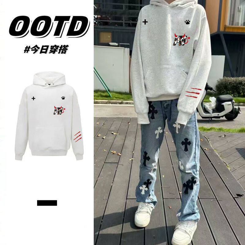 花灰色潮牌设计感印花连帽卫衣男女情侣秋冬美式小众加绒加厚帽衫