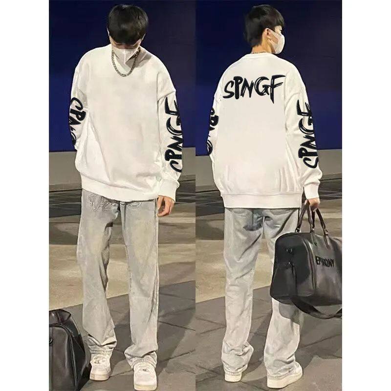 复古美式手臂字母加绒加厚圆领卫衣男女秋冬宽松百搭印花无帽上衣